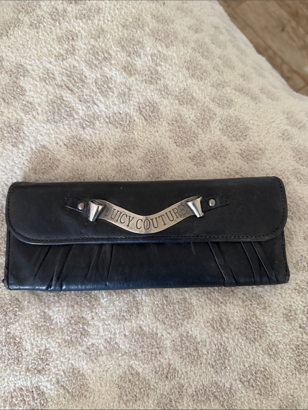 Vintage Juicy Couture Black Leather Foldover Wallet with Metal Logo Y2K